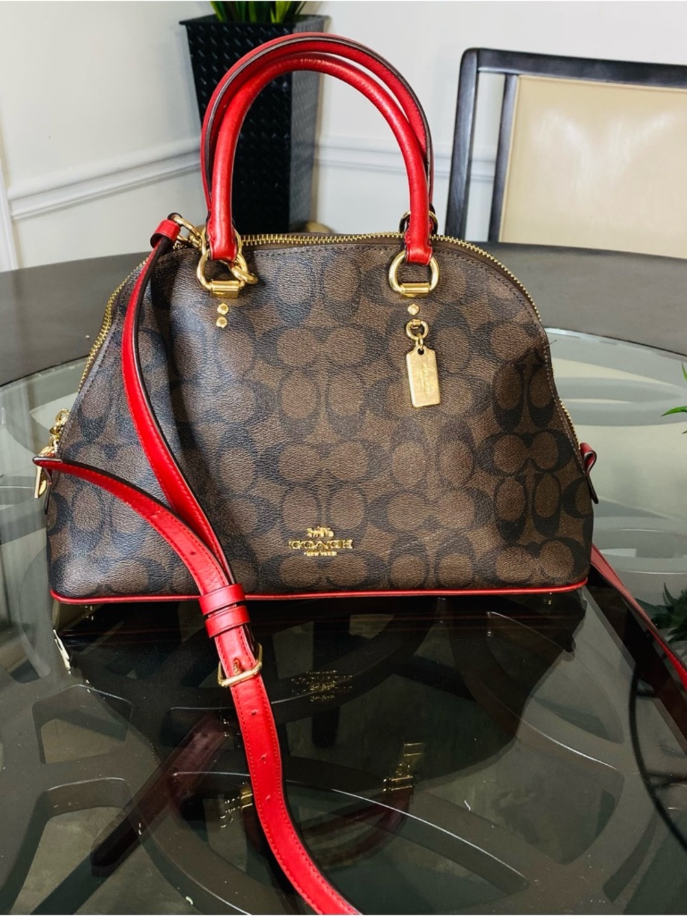 Coach 2558 Katy Satchel Signature Canvas & Leather Bag - Brown/Red